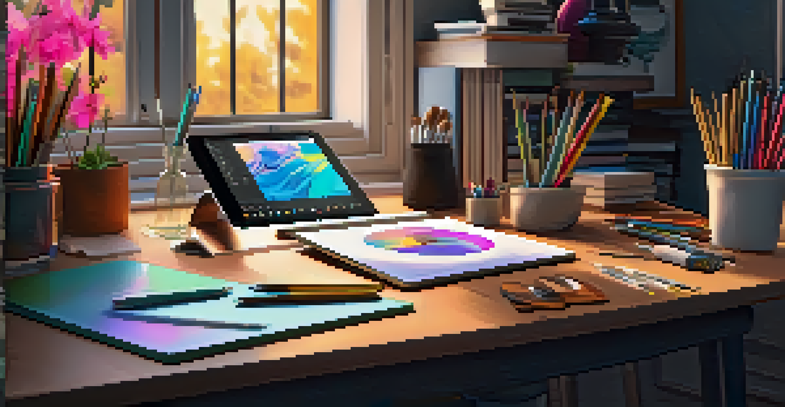 A digital artist's workspace with a tablet showcasing vibrant artwork and art supplies.