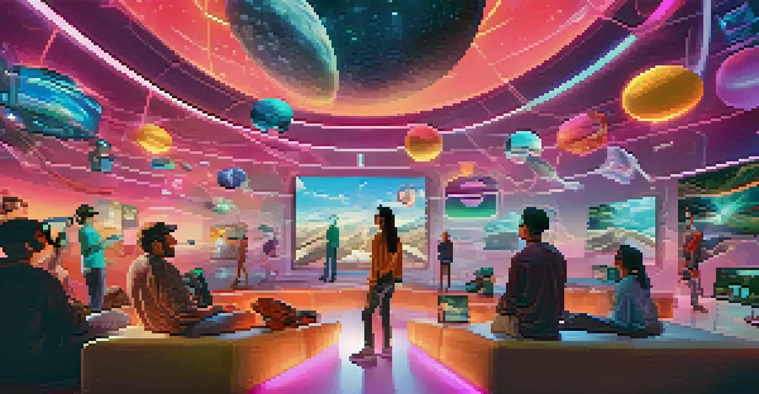 A futuristic virtual reality scene with users interacting with floating 3D NFT artworks in a colorful environment.