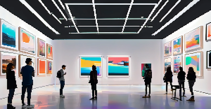 A digital art gallery filled with colorful abstract NFTs and diverse visitors admiring the artworks under warm lighting.