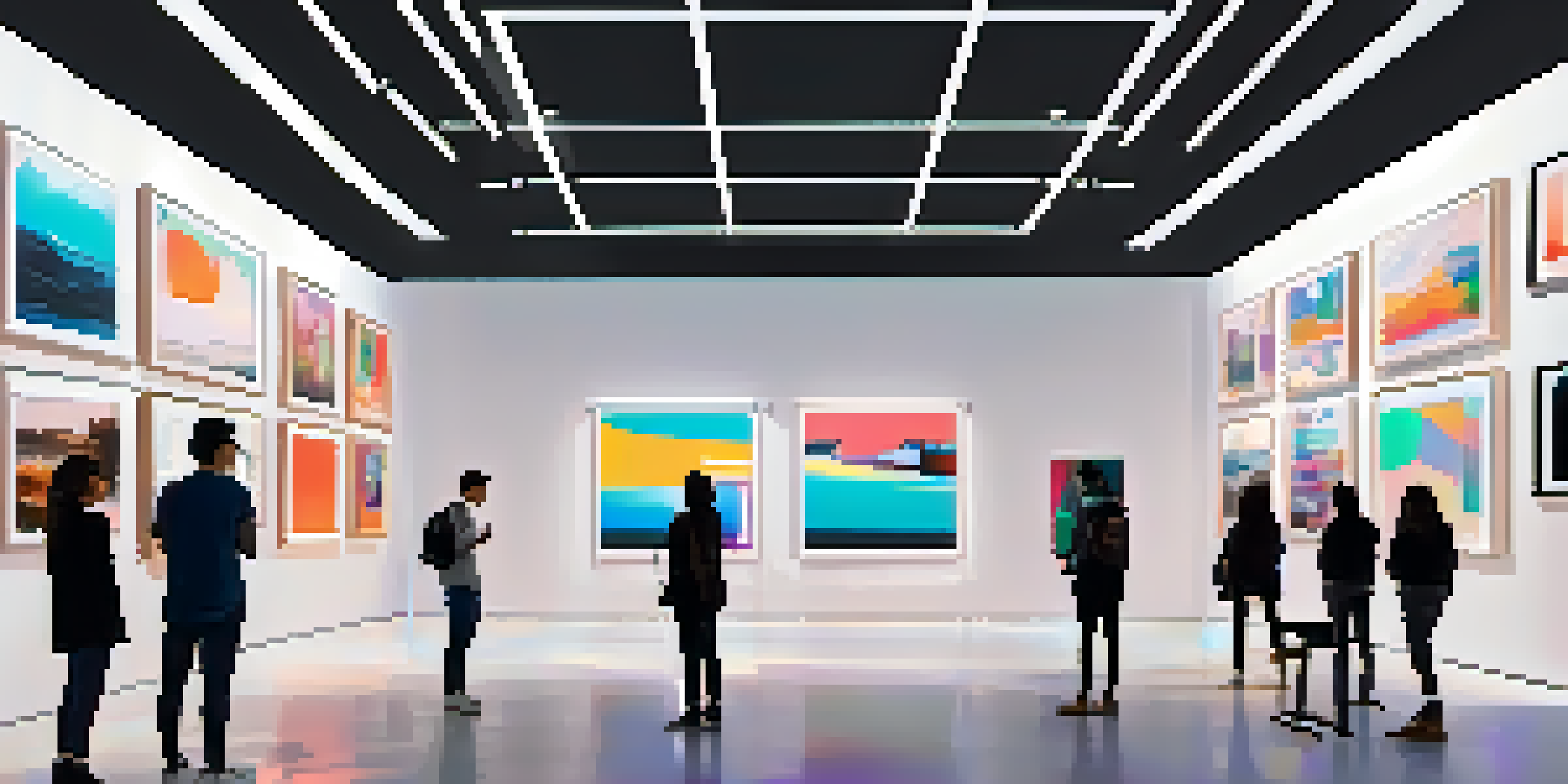 A digital art gallery filled with colorful abstract NFTs and diverse visitors admiring the artworks under warm lighting.