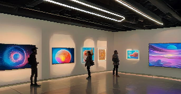 A digital art gallery with visitors discussing various colorful non-fungible tokens displayed on modern screens under soft ambient lighting.