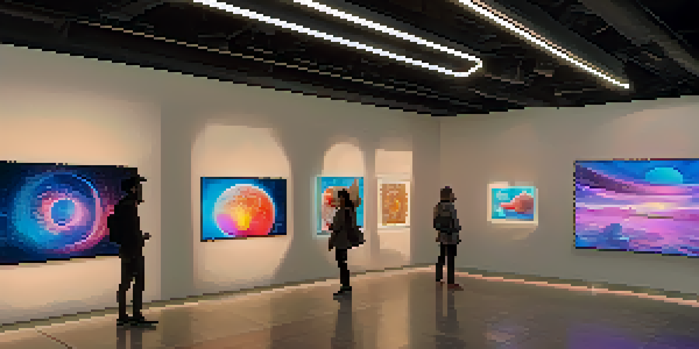 A digital art gallery with visitors discussing various colorful non-fungible tokens displayed on modern screens under soft ambient lighting.