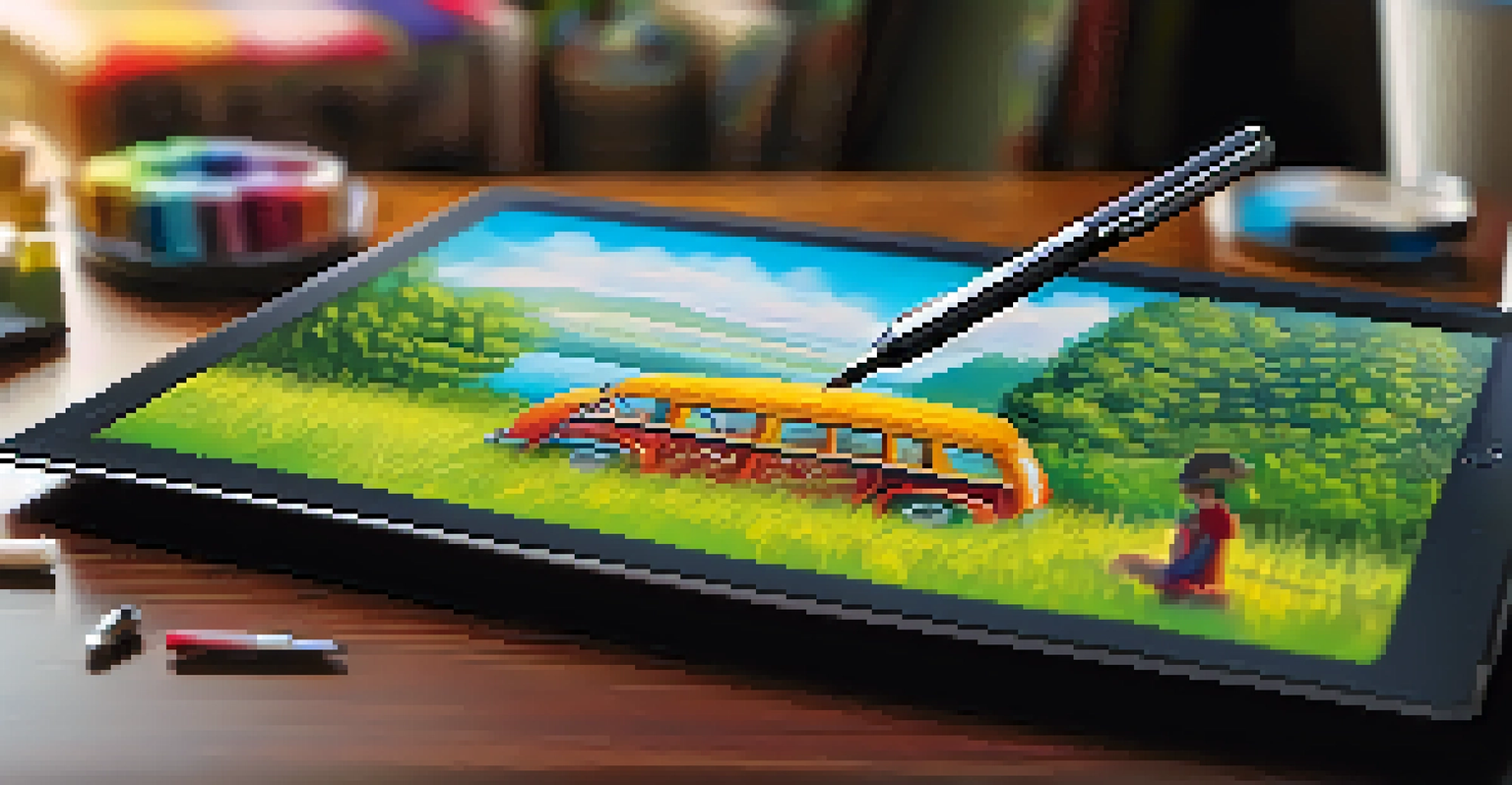 A digital tablet displaying a detailed digital painting with vibrant colors and textures, accompanied by a stylus.