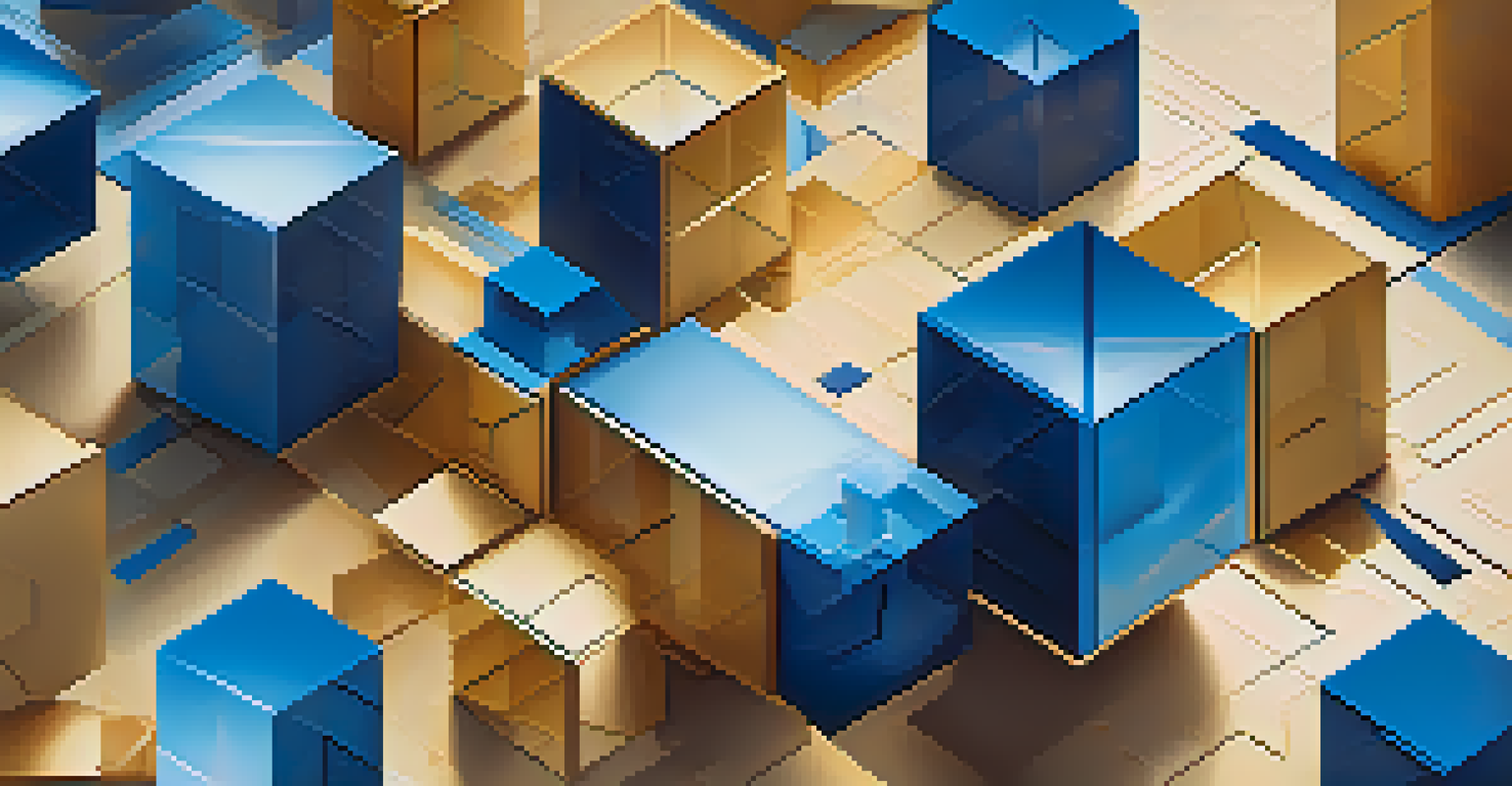 An abstract illustration of interconnected blocks representing blockchain technology with vibrant colors and light rays, symbolizing data flow.