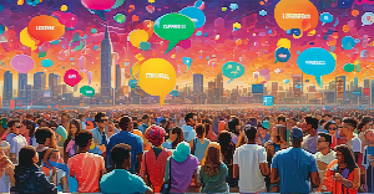 A diverse crowd with thought bubbles containing digital art pieces, representing social proof in the NFT market.