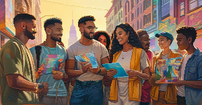 A diverse group of people holding NFT artworks in front of a cityscape with murals related to social justice.