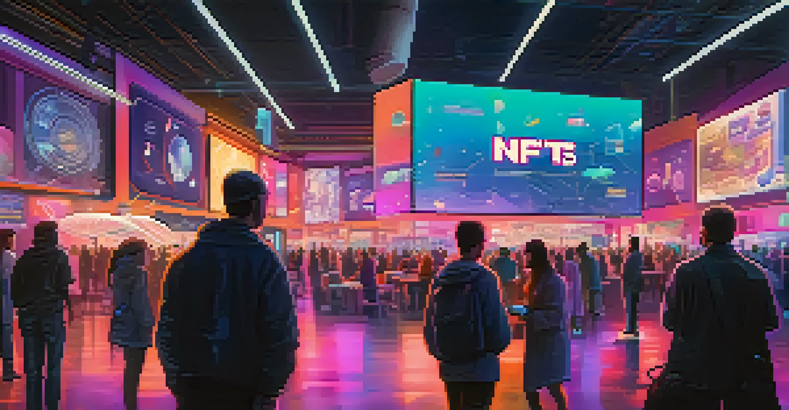 A futuristic digital marketplace for NFTs with users and floating holograms of digital assets.