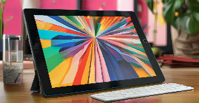 A modern tablet displaying a colorful digital artwork in an art studio setting with natural light.