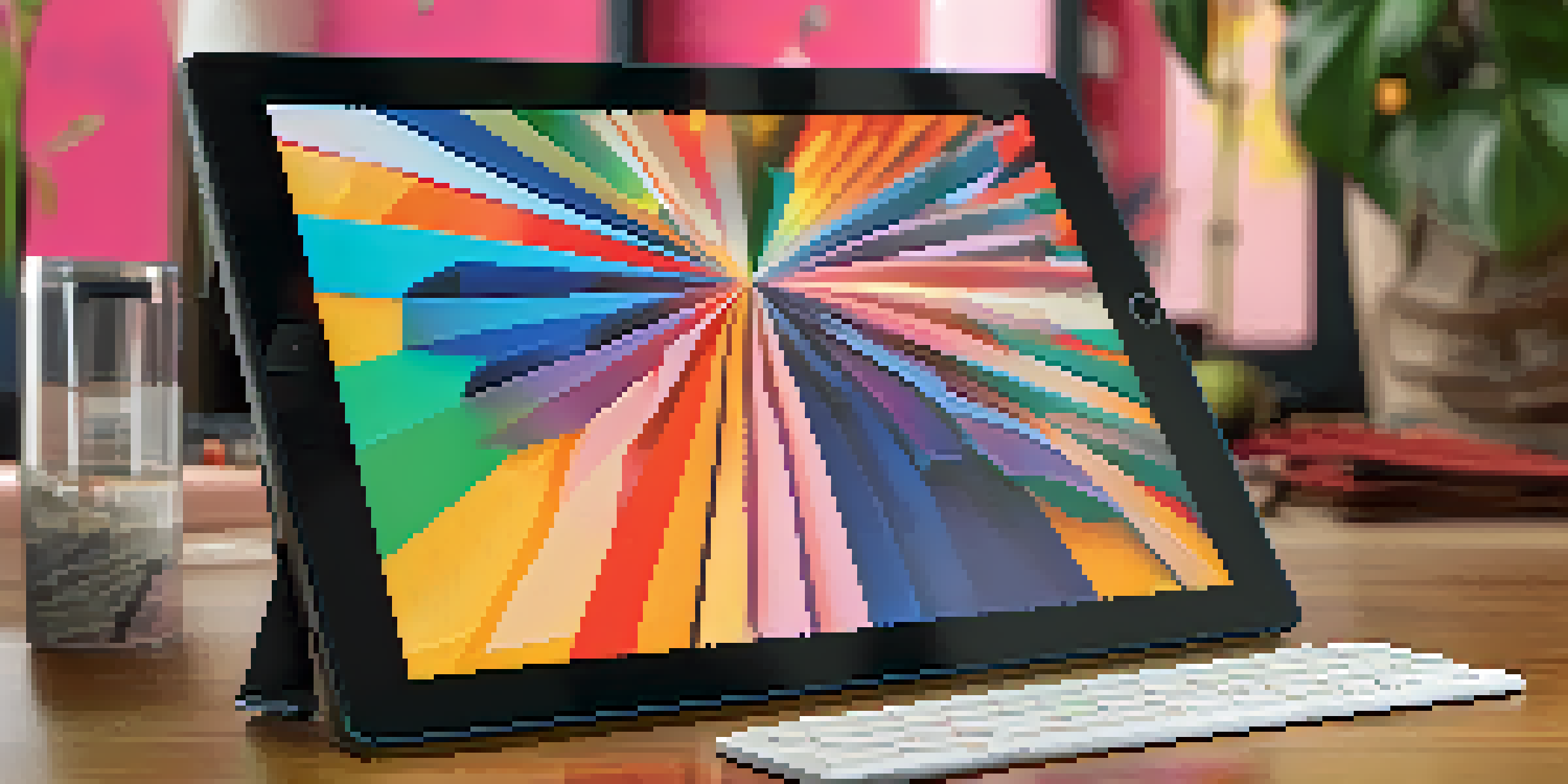A modern tablet displaying a colorful digital artwork in an art studio setting with natural light.