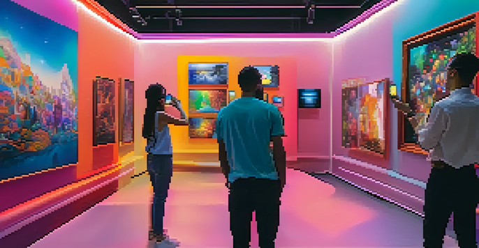 A virtual art gallery filled with colorful digital artworks and visitors using augmented reality devices.
