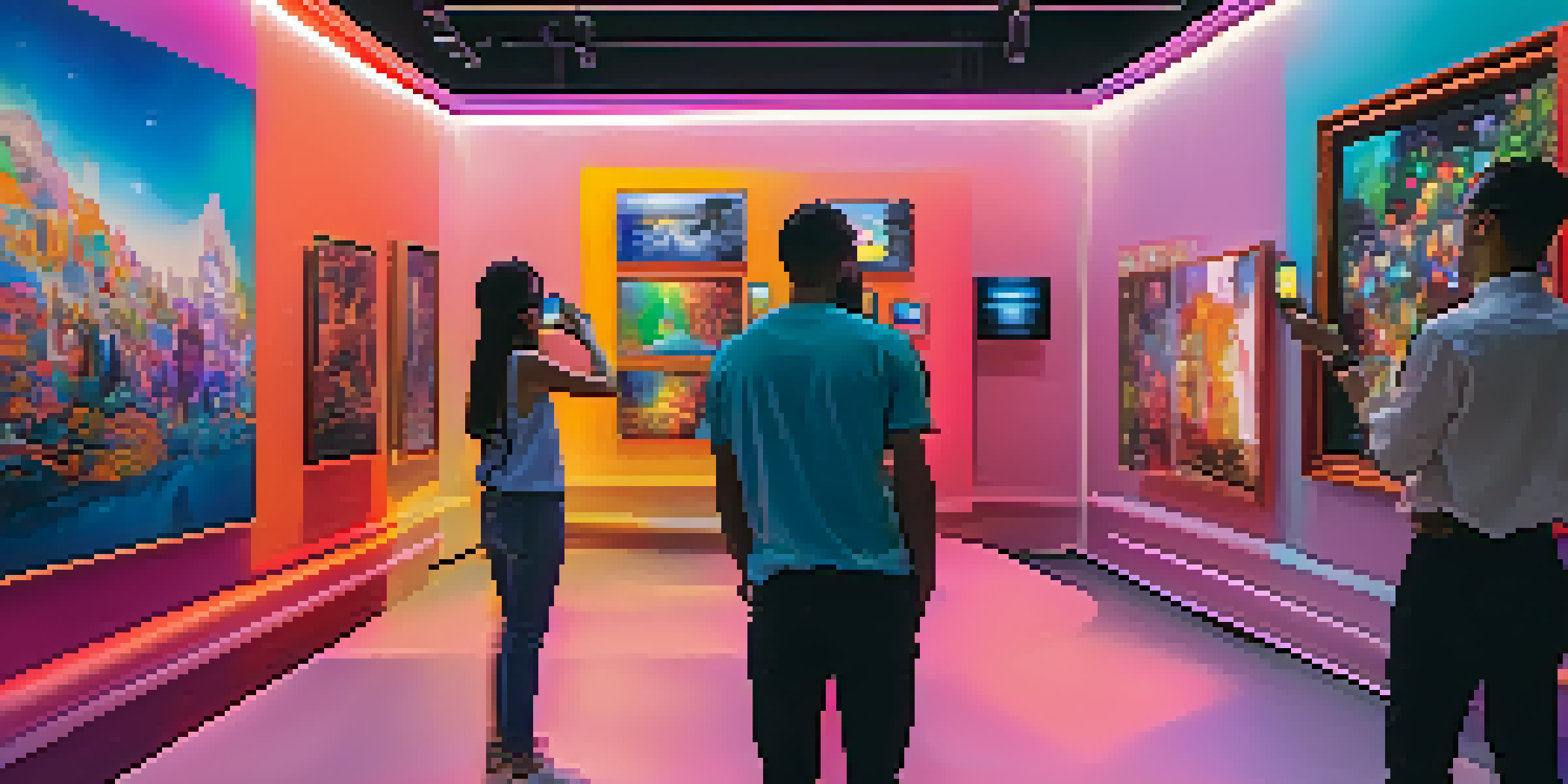 A virtual art gallery filled with colorful digital artworks and visitors using augmented reality devices.