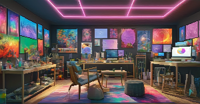 A digital art studio showcasing colorful canvases and screens with NFTs, warmly lit to emphasize creativity.
