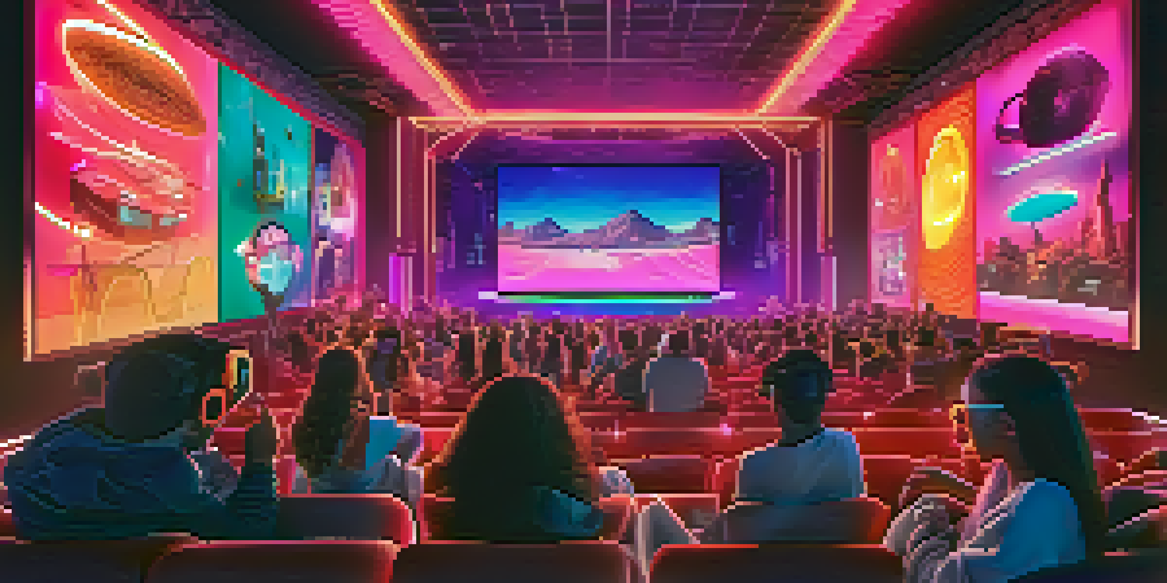 A futuristic cinema with a large screen showing a 3D animated film, viewers wearing VR headsets, and digital art pieces displayed as NFTs.