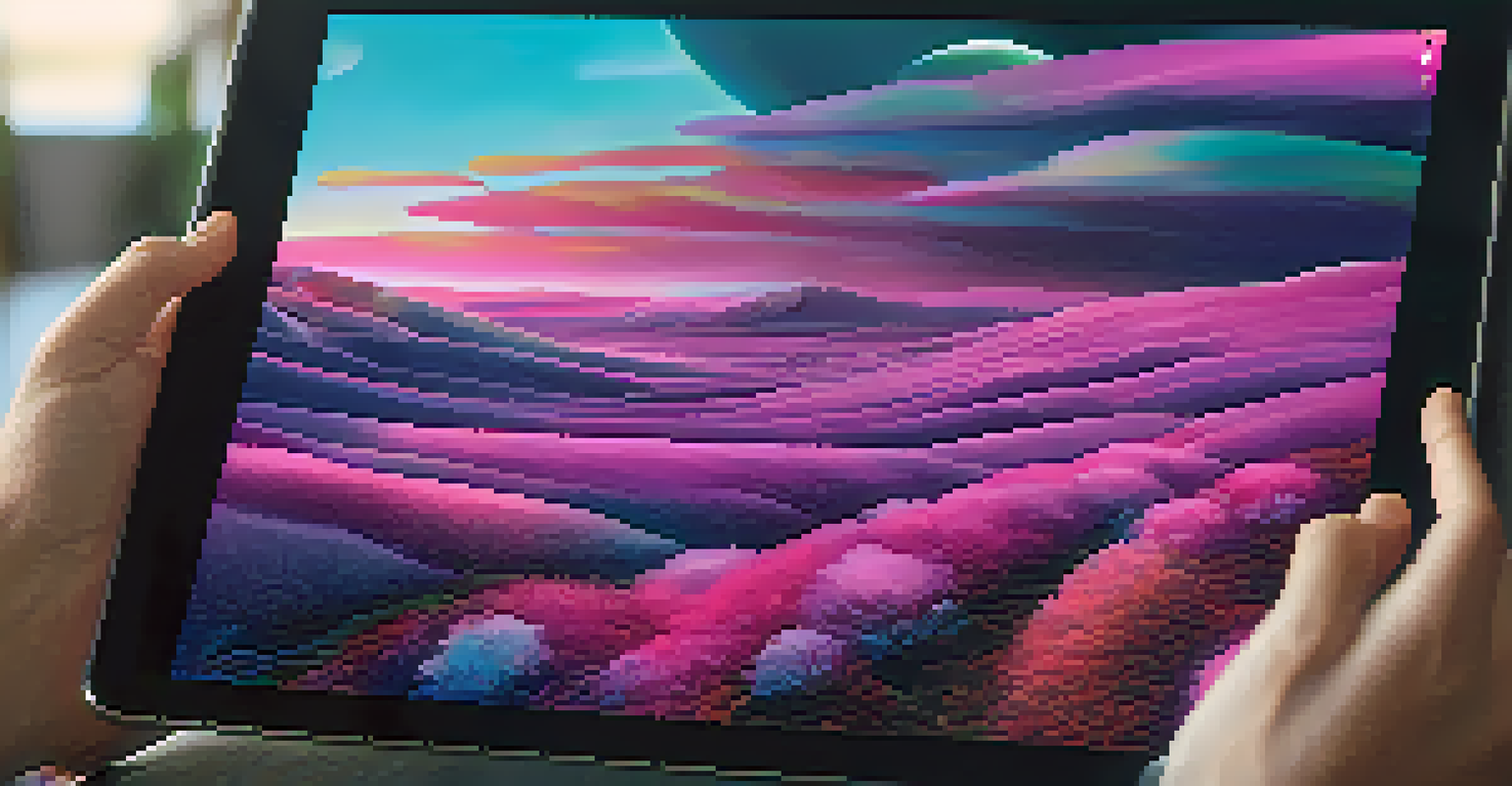 A close-up of a digital NFT artwork on a tablet, featuring a futuristic landscape with vibrant colors and textures, with a hand holding the device.