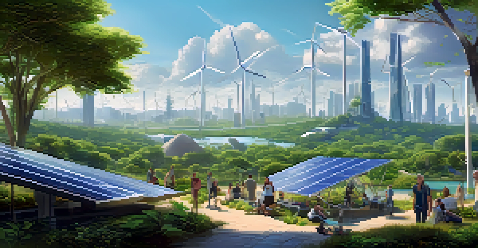 A futuristic city with renewable energy sources and people trading NFTs.