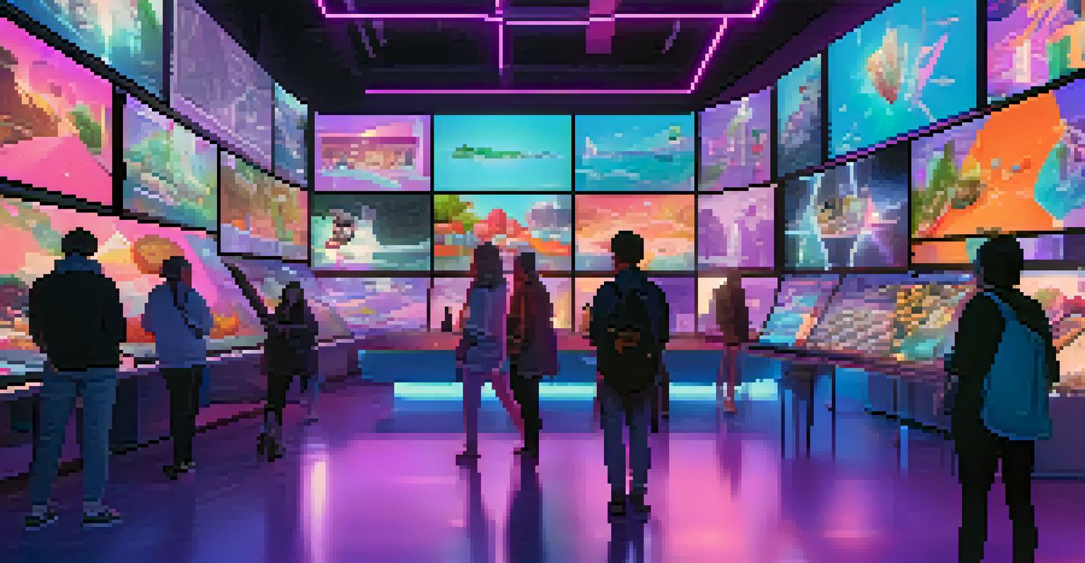 A modern digital marketplace with screens displaying vibrant NFT artworks and diverse people exploring.