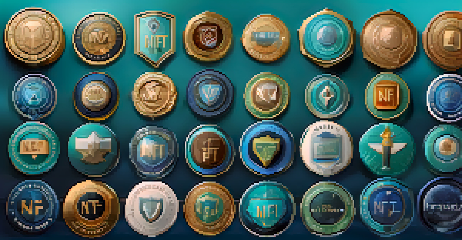 Close-up of unique digital badges represented as NFTs on a modern interface.
