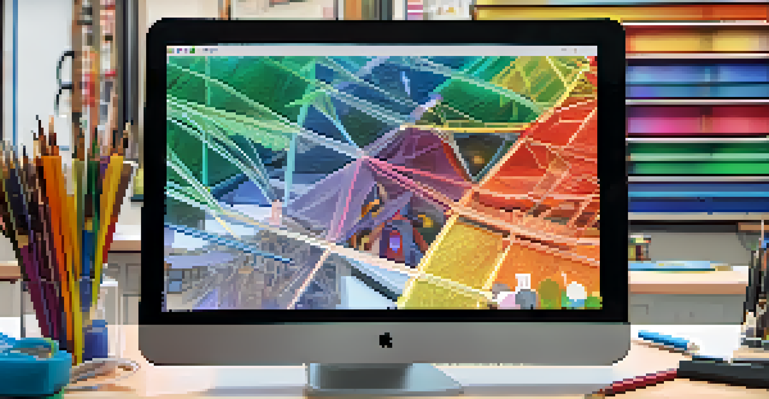 A close-up of a digital screen showing a student's NFT artwork, with art supplies and sketches in the background, highlighting creativity and social justice themes.
