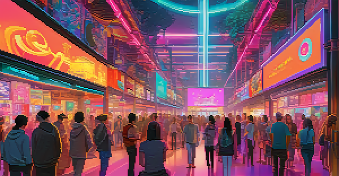 A vibrant digital marketplace filled with diverse people admiring NFT artworks on virtual screens, illuminated by colorful neon lights.