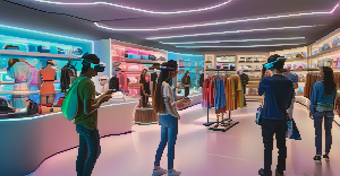 A diverse group of shoppers in a virtual reality store, wearing VR headsets and exploring digital clothing displays.