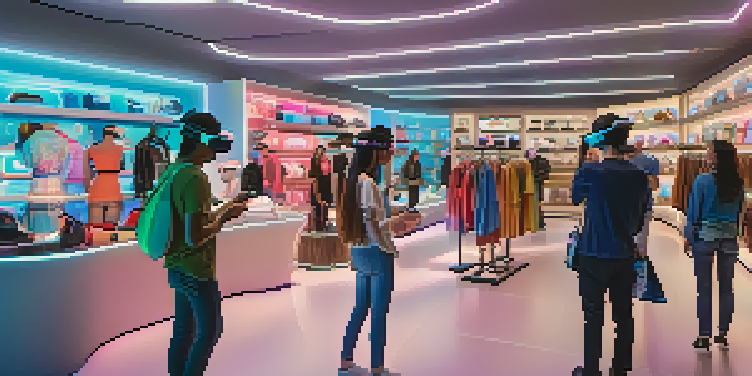 A diverse group of shoppers in a virtual reality store, wearing VR headsets and exploring digital clothing displays.