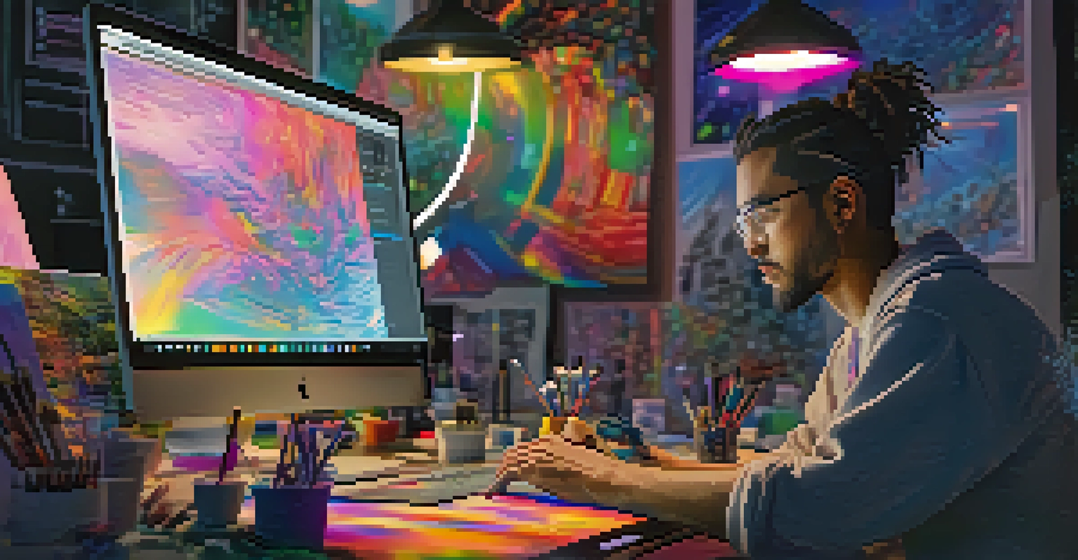 An artist at a digital workstation creating NFTs, surrounded by tools and colorful artwork on the screen.