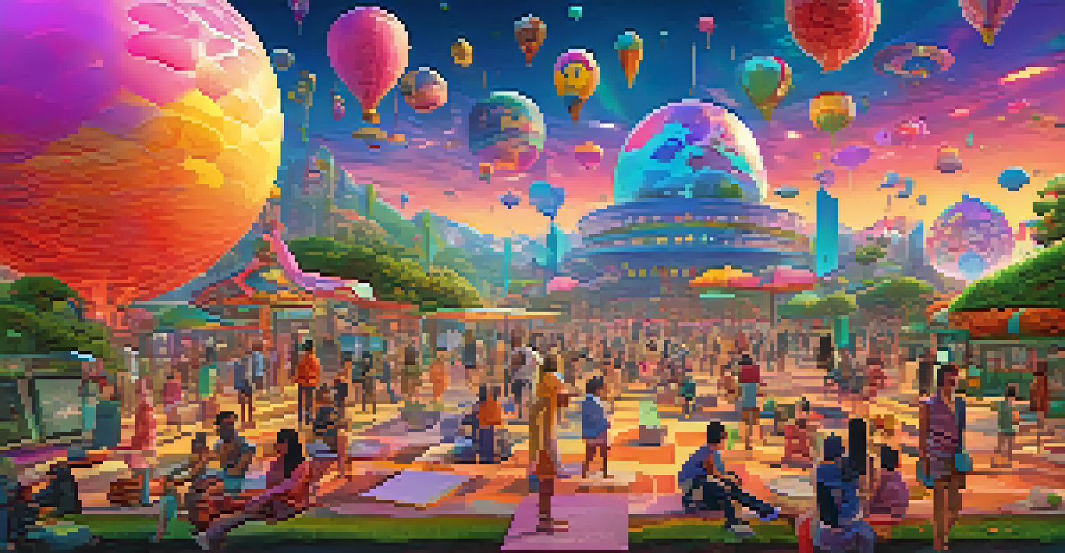 A vibrant virtual world where avatars engage in trading NFTs and participating in events, surrounded by colorful digital art.