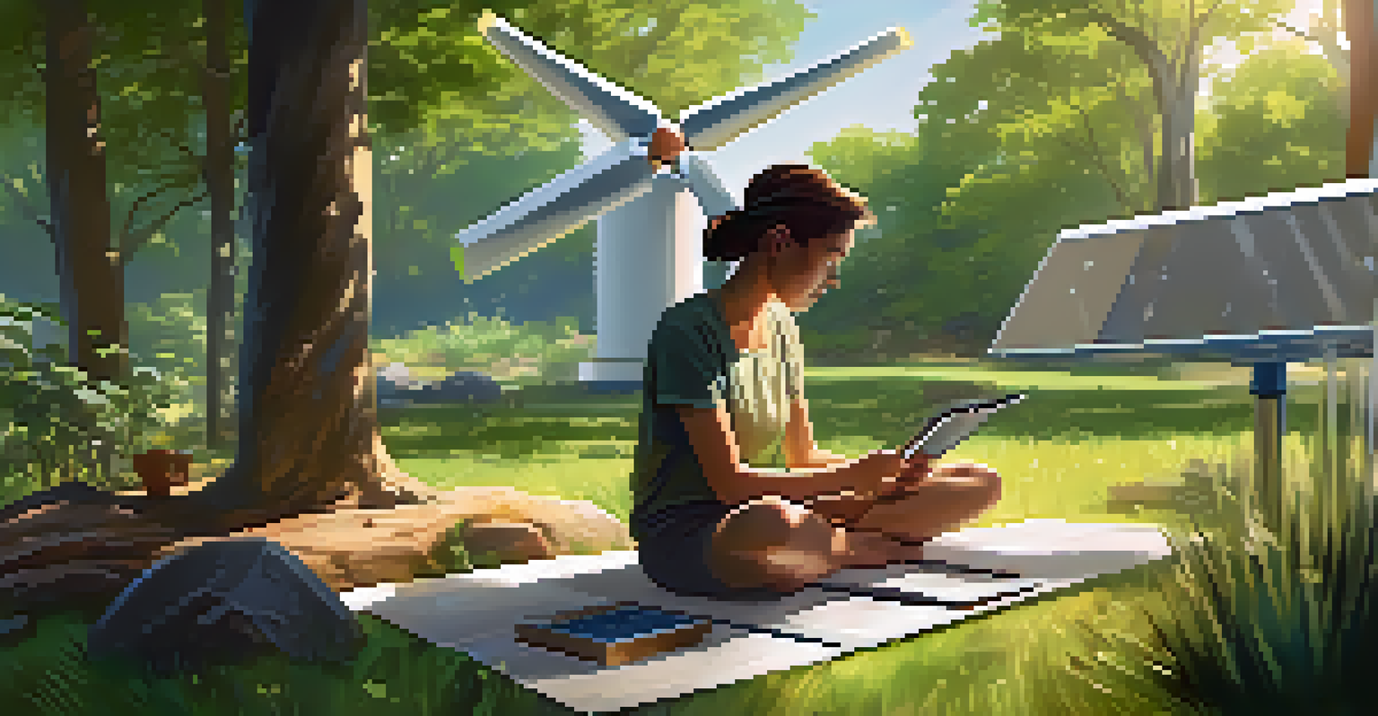 An artist sketching eco-friendly NFTs outdoors, surrounded by nature, with sunlight filtering through trees and a wind turbine in the background.