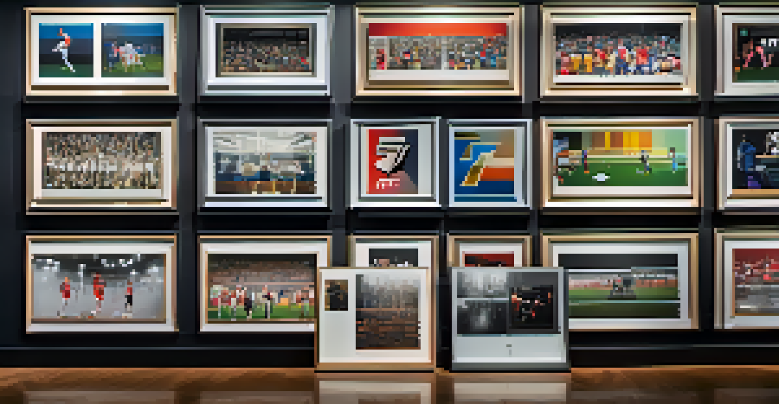 A modern virtual gallery displaying framed NFTs of memorable sports moments, emphasizing a collector's passion.