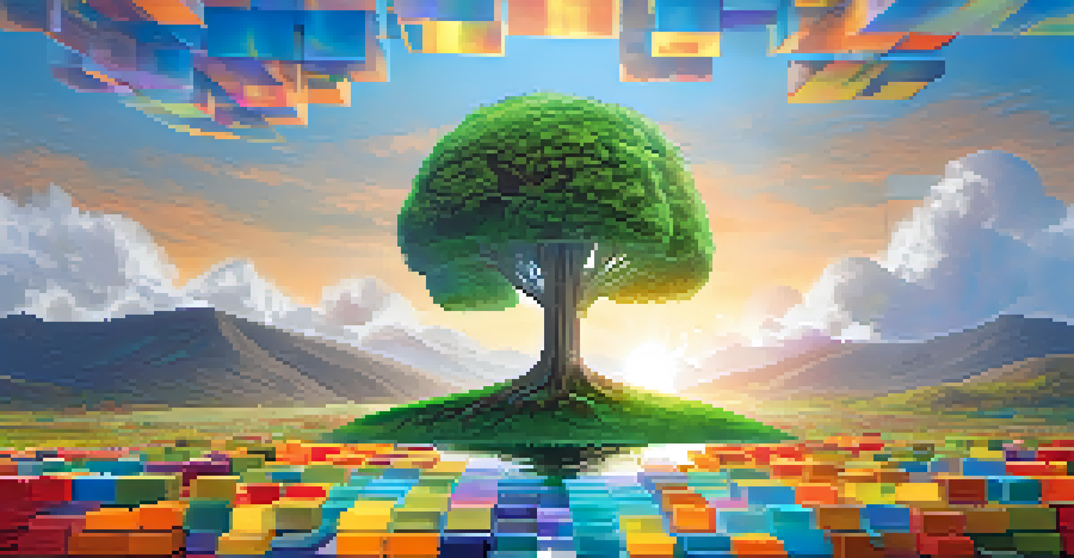 A digital depiction of a virtual tree in a colorful landscape, symbolizing the connection between nature and technology.
