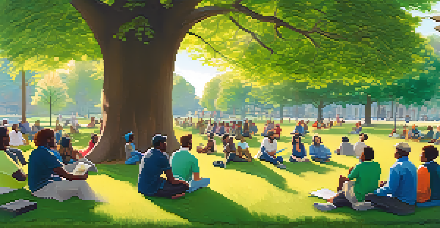 A group of diverse people sitting in a circle in a park discussing ideas under a large tree, with a digital screen displaying key points.