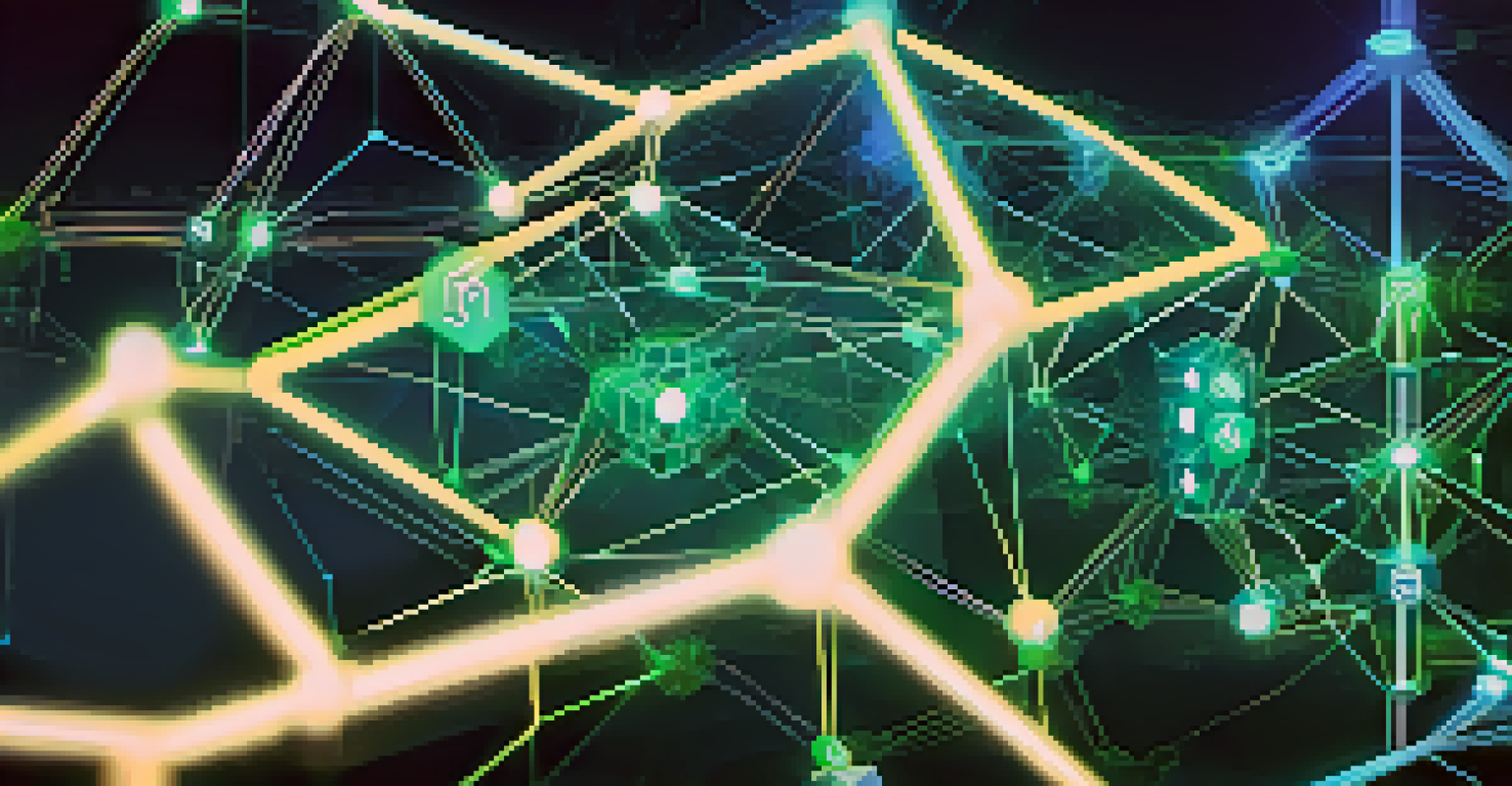 A visual representation of a blockchain network with glowing nodes and a transparent digital token symbolizing an NFT.