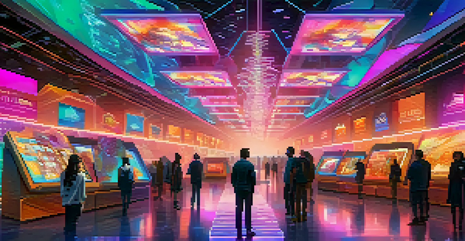A colorful futuristic NFT marketplace with holographic displays and people interacting with technology.