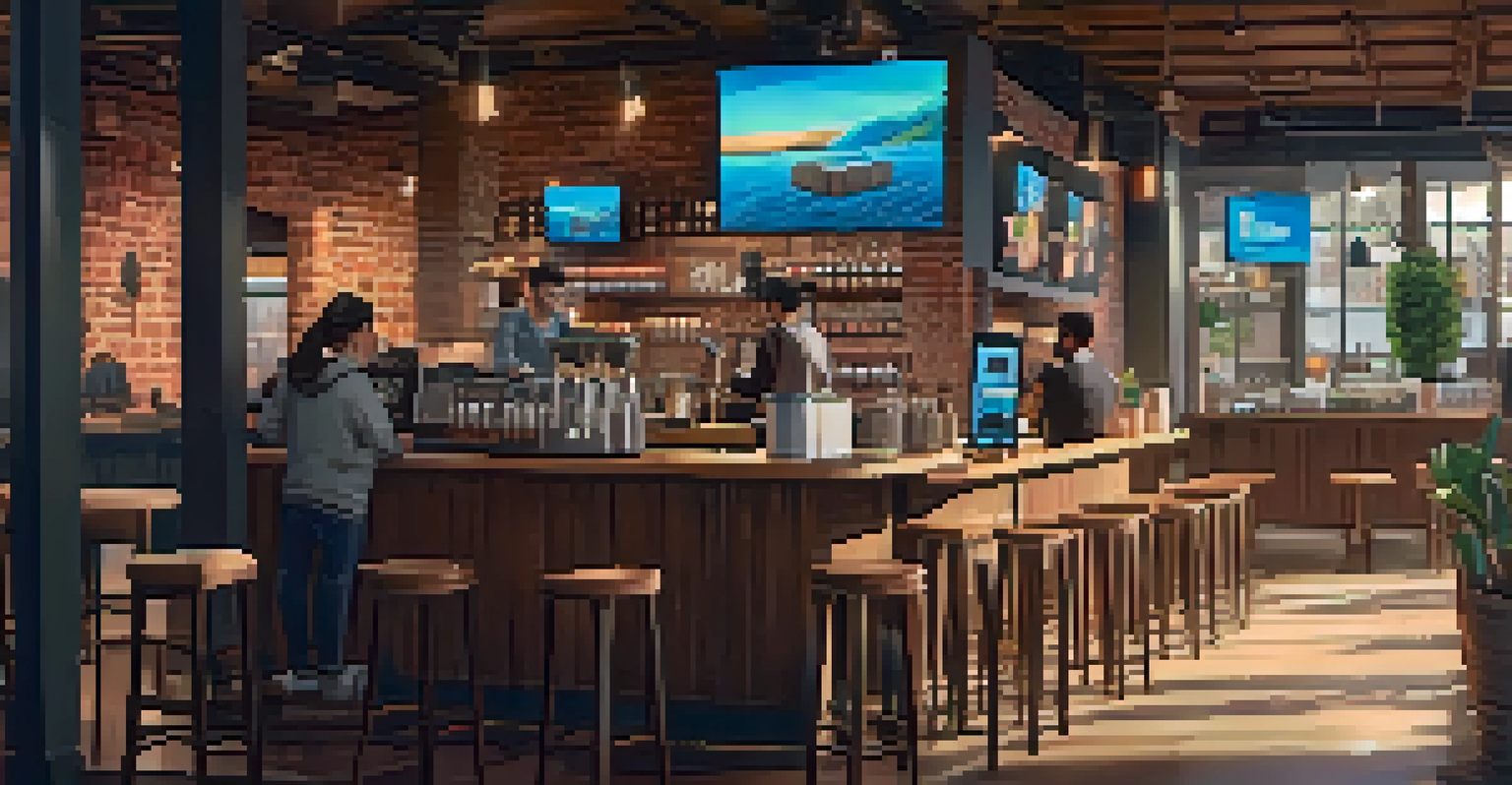 A cozy coffee shop interior with customers interacting with screens displaying NFT reward systems and vibrant digital art.