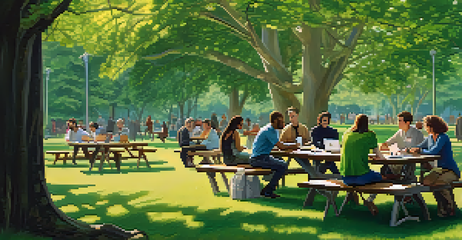 A diverse group of researchers sitting at a picnic table in a green park, discussing scientific findings on their laptops, surrounded by nature.