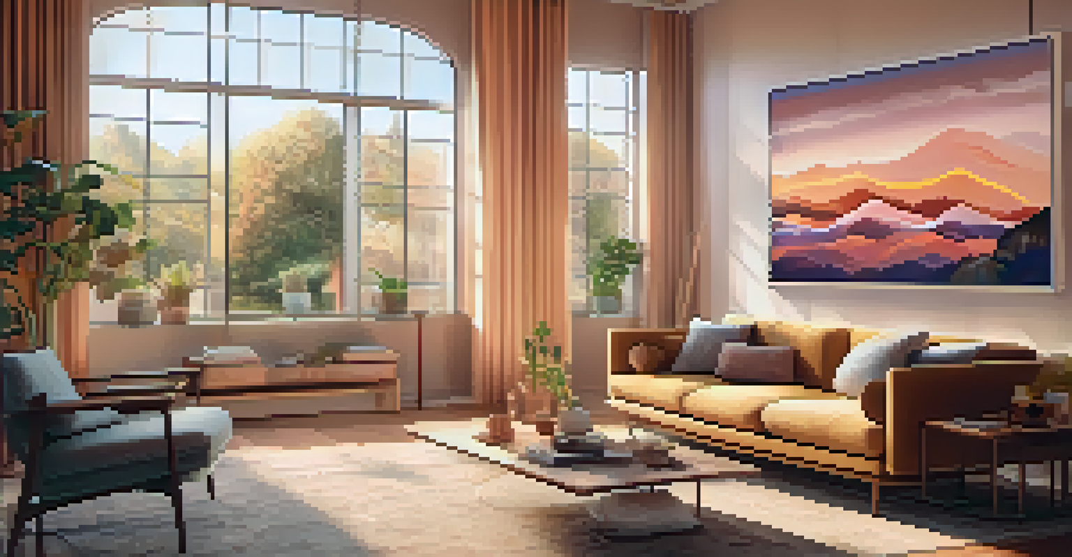 A living room where a person engages with a color-changing NFT artwork on the wall, illuminated by soft sunlight.