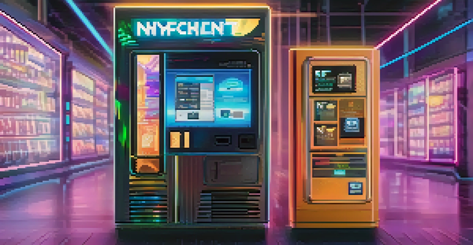 A futuristic vending machine showcasing digital art and cryptocurrency symbols, illuminated with soft warm lighting.