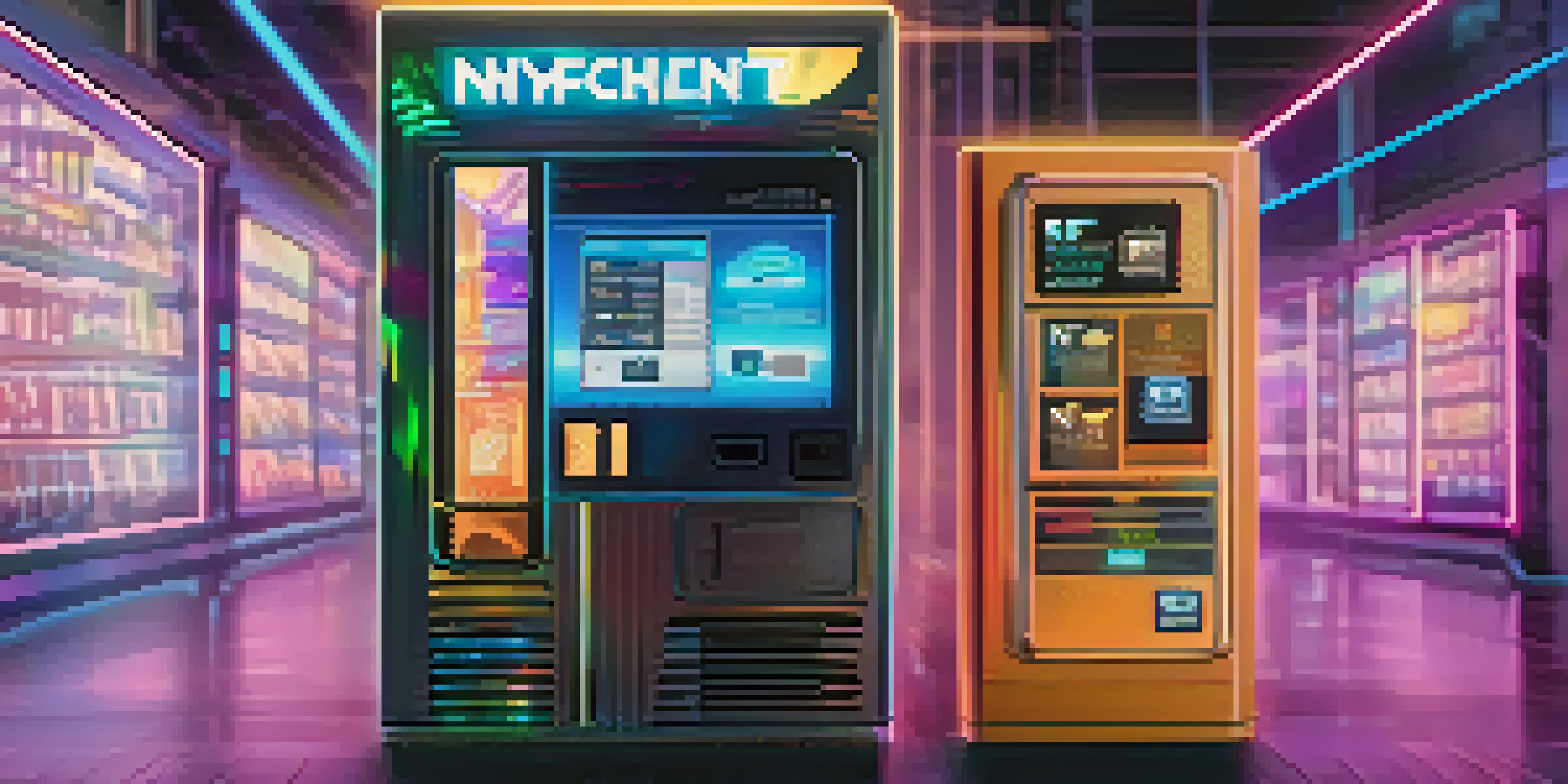 A futuristic vending machine showcasing digital art and cryptocurrency symbols, illuminated with soft warm lighting.
