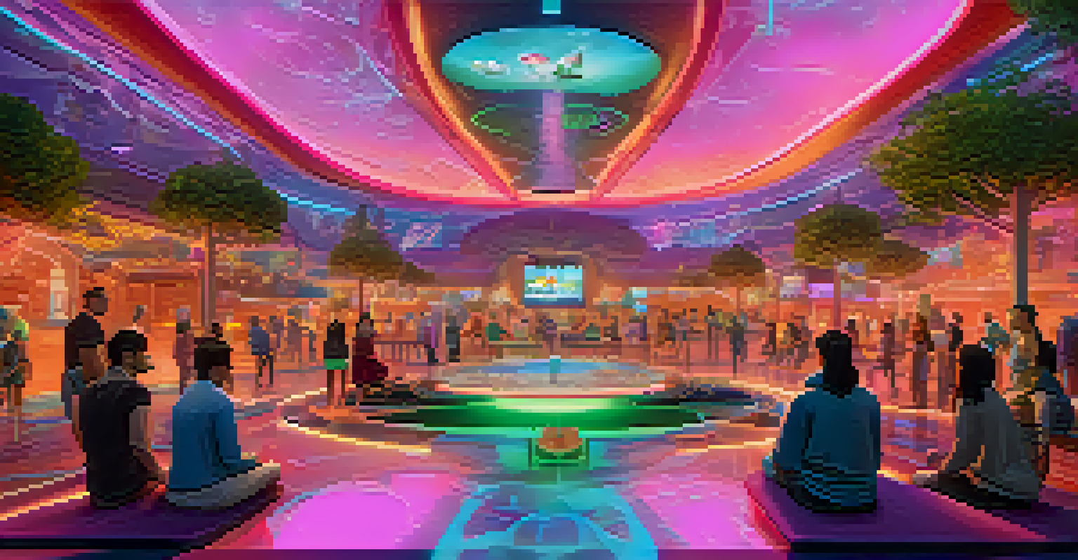 Players in a vibrant metaverse environment customizing their avatars with unique NFTs, surrounded by a lively virtual world.