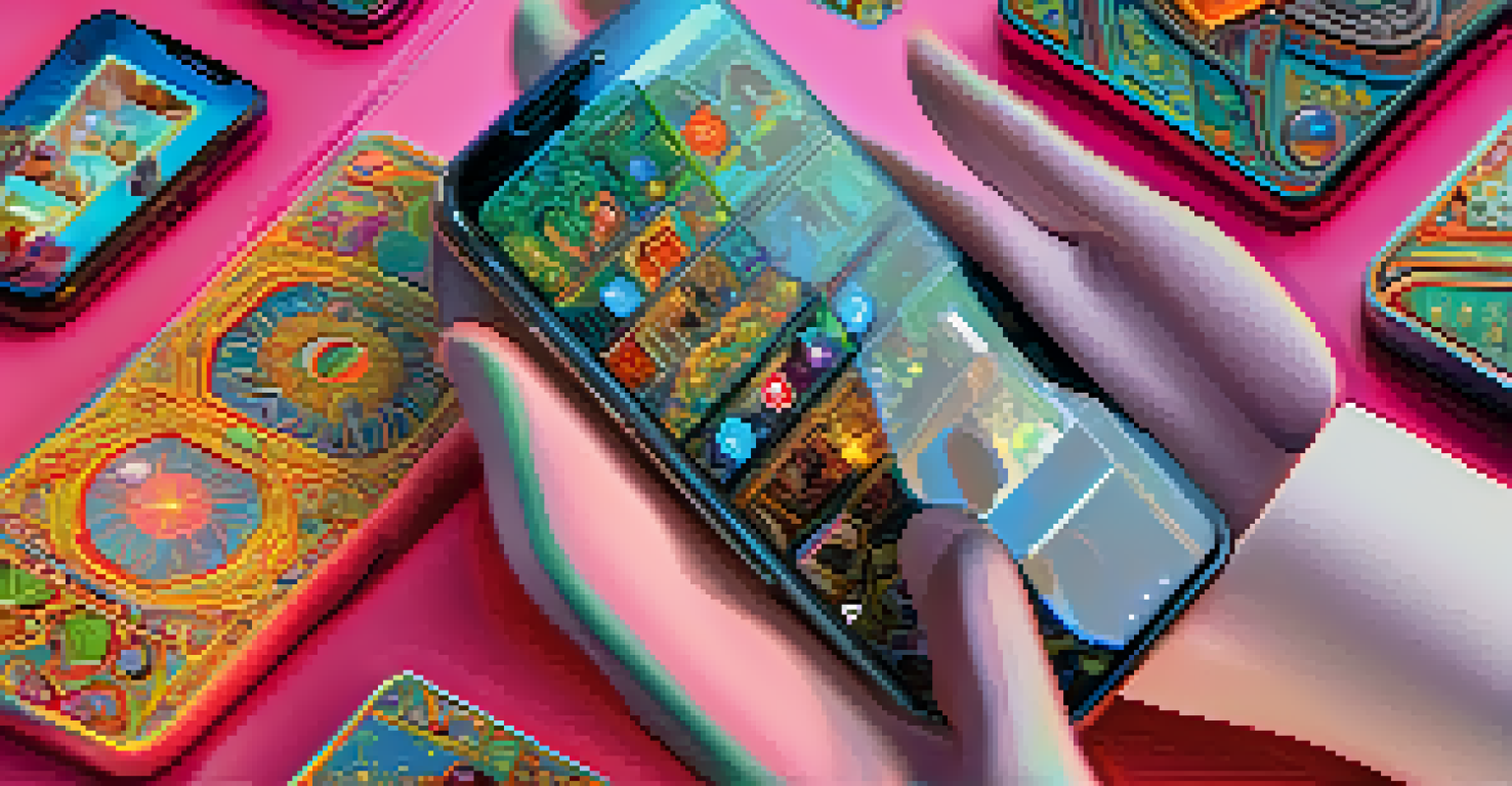 A close-up of a hand holding a smartphone displaying a colorful NFT collectible.