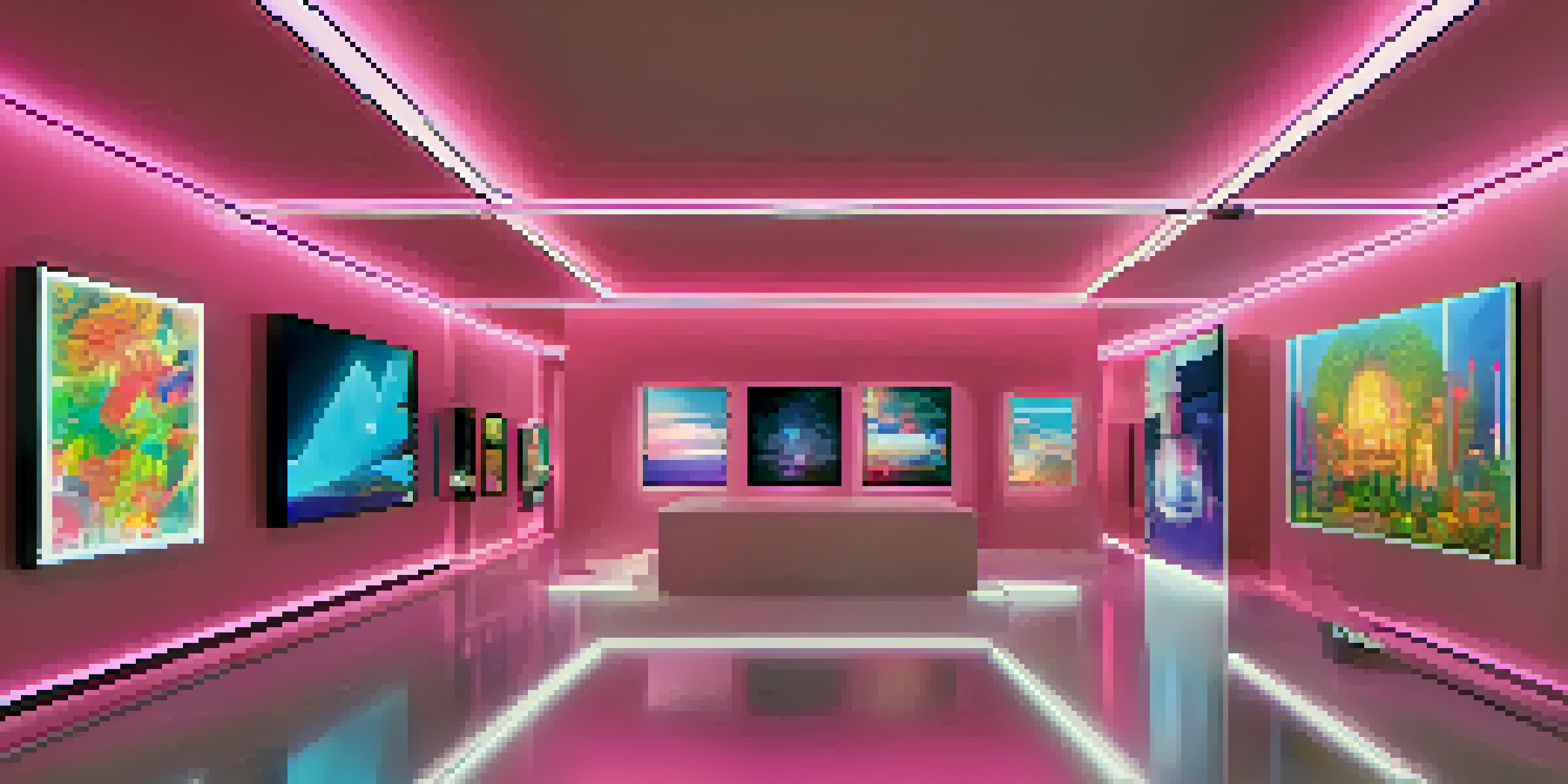 A modern digital art gallery filled with illuminated screens displaying various NFT artworks in a contemporary setting.