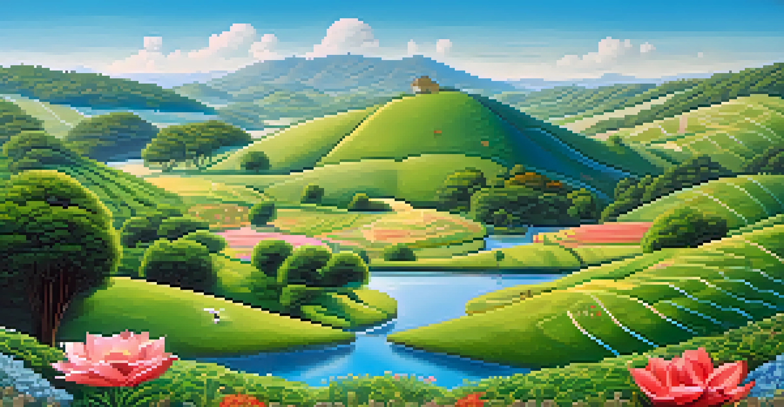 A peaceful landscape illustrating eco-friendly blockchain concepts, with nature-inspired symbols representing different blockchains.