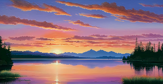 A tranquil sunset over a lake with mountains in the background and trees in the foreground, showcasing vibrant colors in the sky.