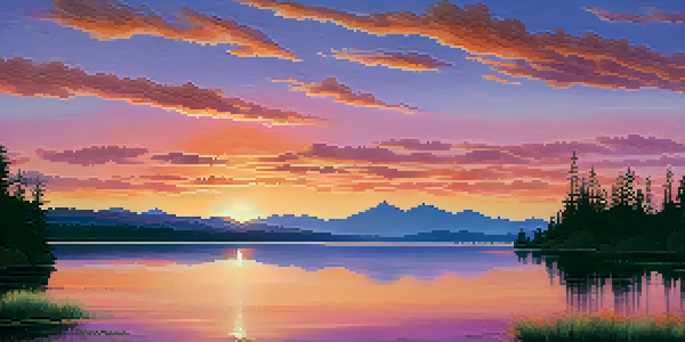 A tranquil sunset over a lake with mountains in the background and trees in the foreground, showcasing vibrant colors in the sky.