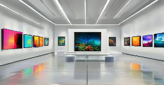A modern art gallery showcasing various vibrant digital artworks on screens, with soft lighting and visitors interacting with the displays.