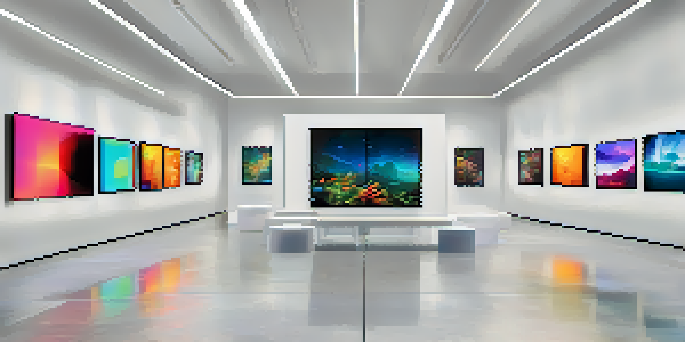 A modern art gallery showcasing various vibrant digital artworks on screens, with soft lighting and visitors interacting with the displays.