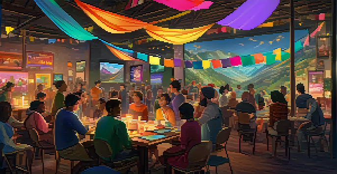 A community gathering in a virtual space with colorful banners and people interacting with digital screens showcasing NFTs.