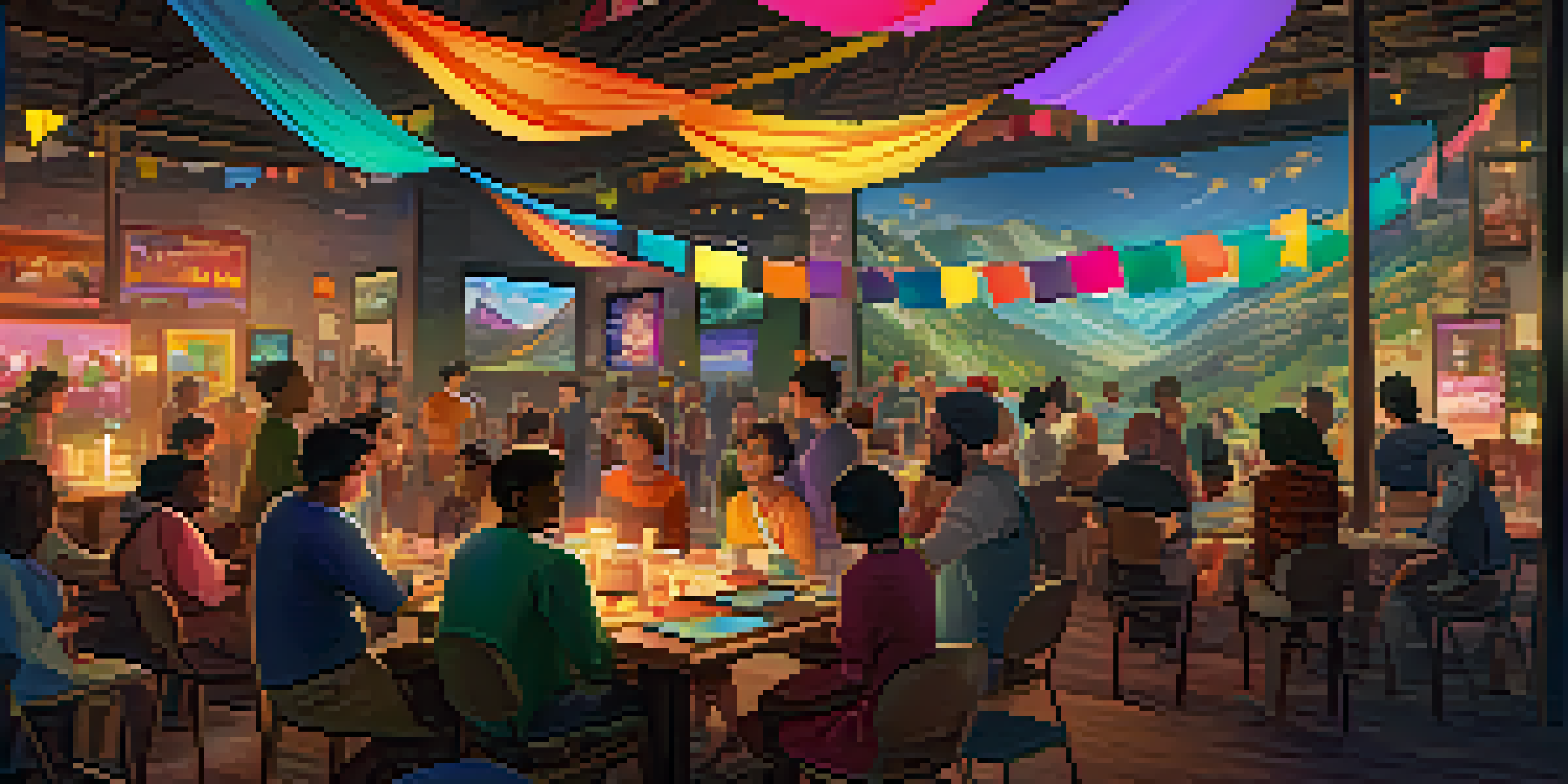 A community gathering in a virtual space with colorful banners and people interacting with digital screens showcasing NFTs.