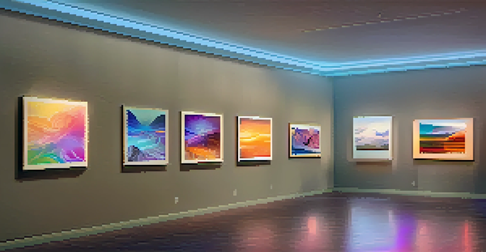 A digital art gallery filled with colorful NFT artworks and holographic displays of digital twins.