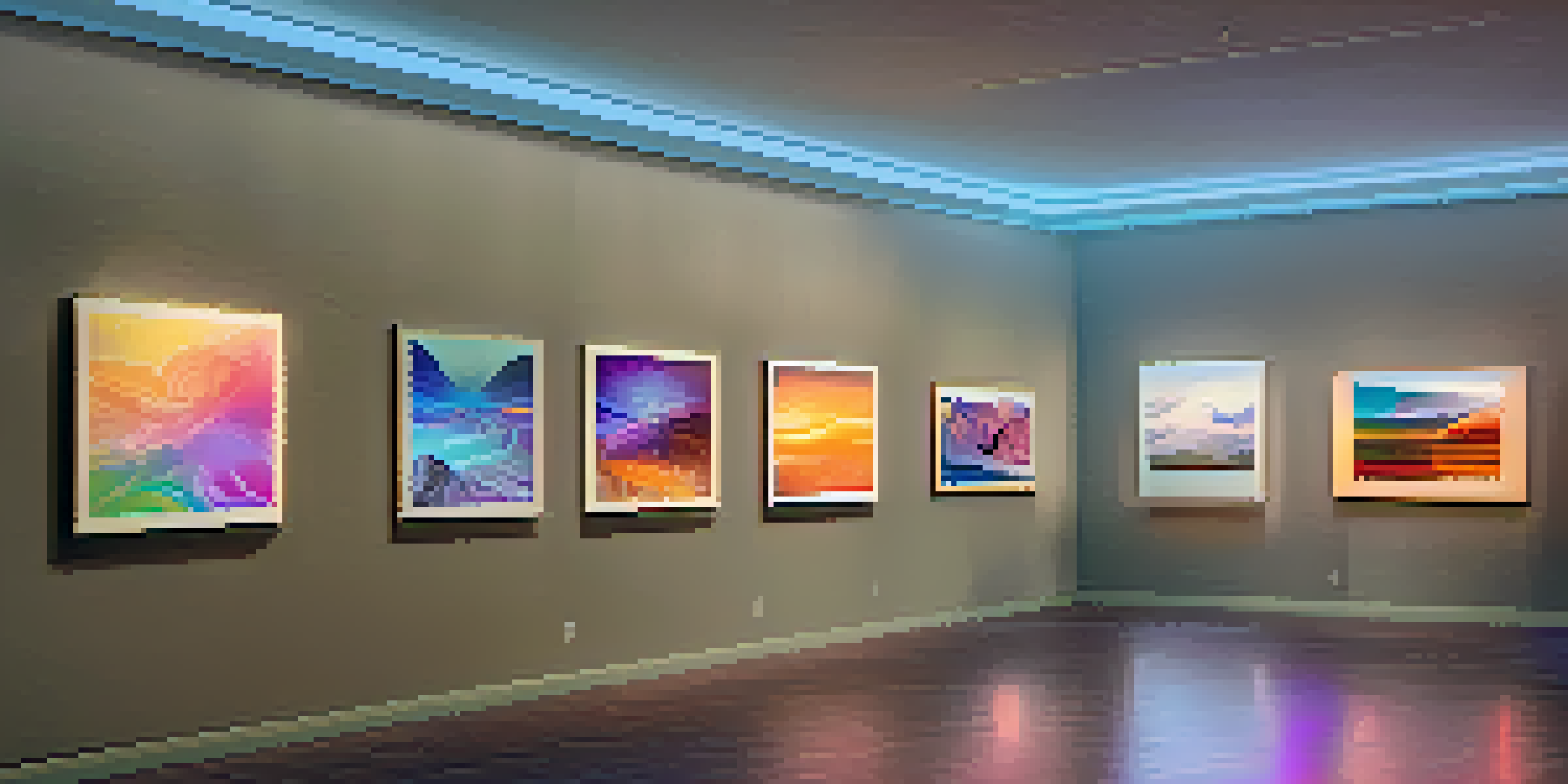 A digital art gallery filled with colorful NFT artworks and holographic displays of digital twins.